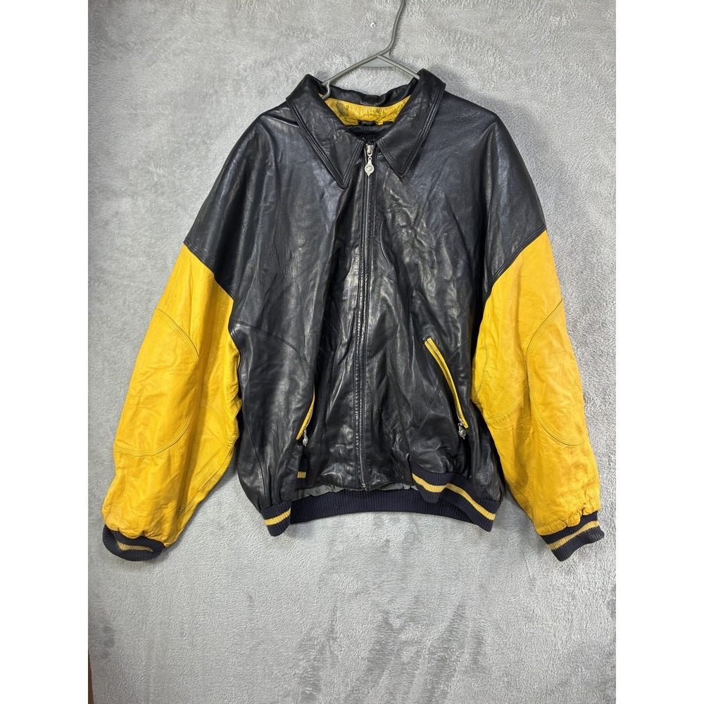 Pelle Pelle Marc Buchanan Men's Black Yellow Leather Bomber Jacket Full Zip Coat